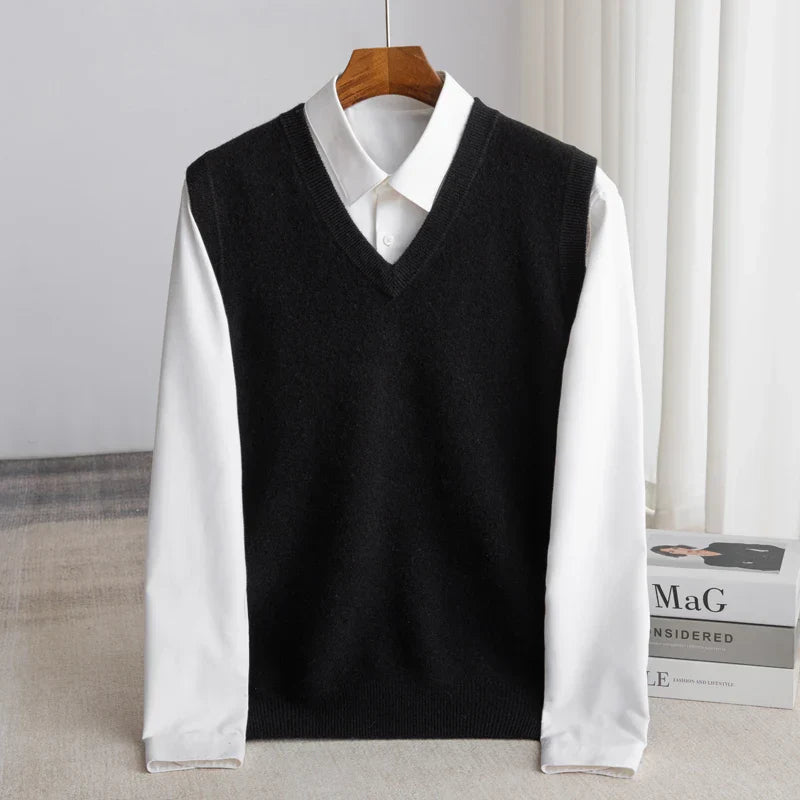 Versatile men's V-neck sweater vest, a smart & classic fashion piece for comfortable everyday layering.