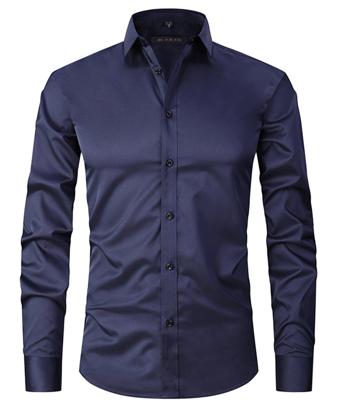 Close-up of a men's gray long-sleeve button-up shirt, showing fabric texture and pocket detail.