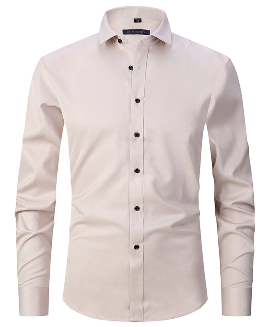 Model wearing a men's button-up dress shirt with a pocket, paired with jeans for a relaxed style.