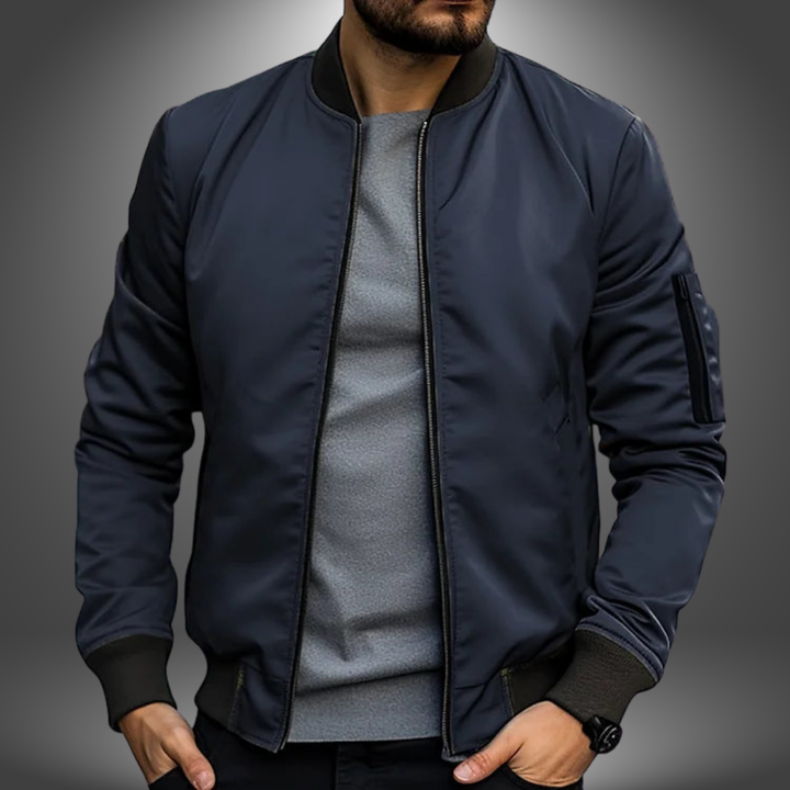 Men's classic windproof bomber jacket with ribbed cuffs & hem, full zipper closure.