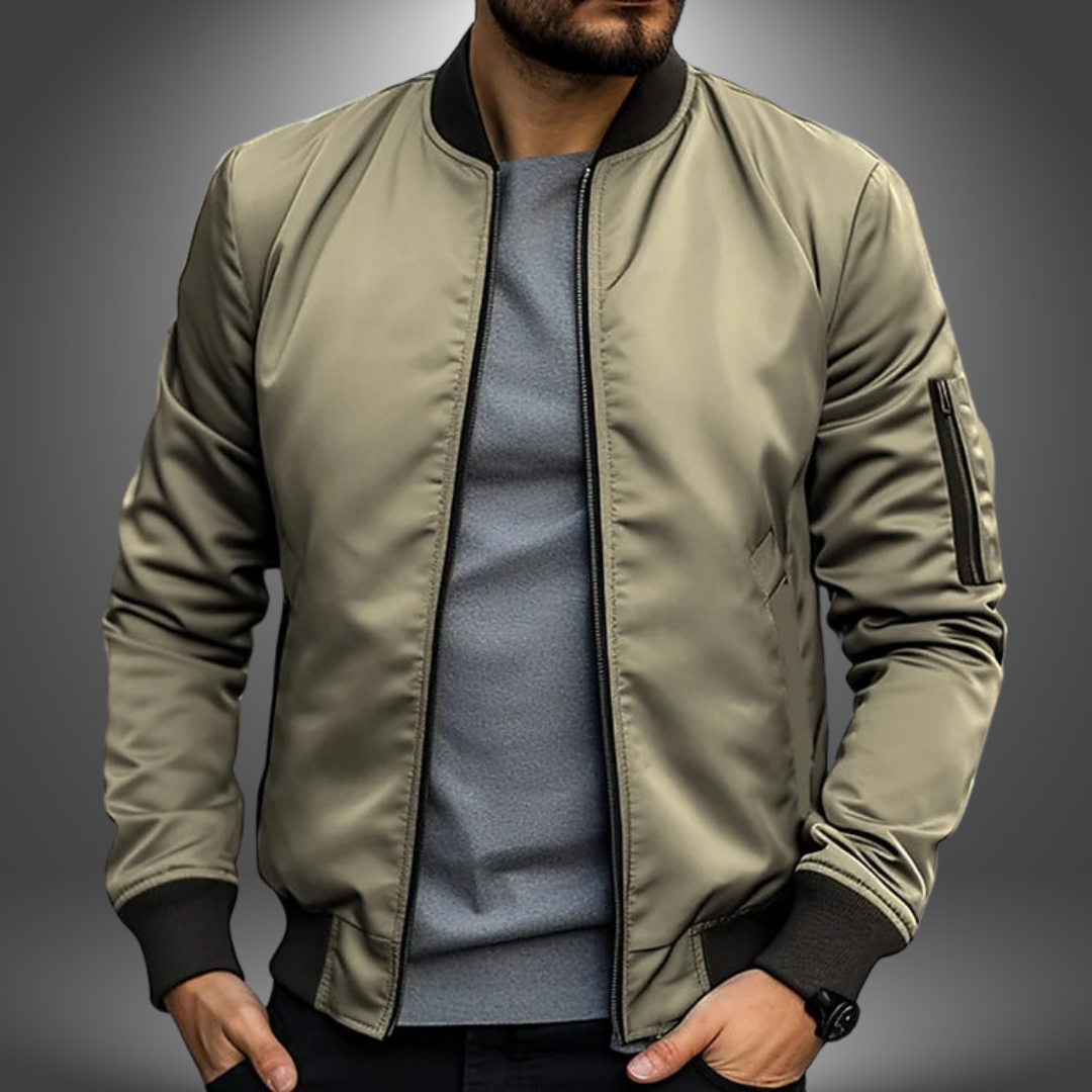 Durable windproof bomber jacket for men, ideal mid-season protection, classic style & comfort.