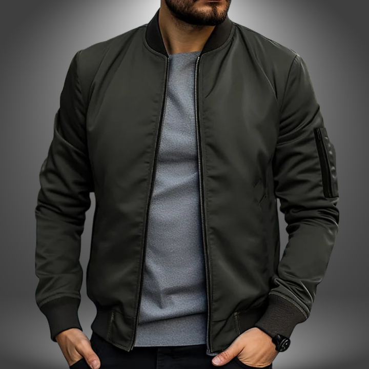 Man in classic windproof bomber jacket. Versatile men's outerwear, casual mid-season fashion.