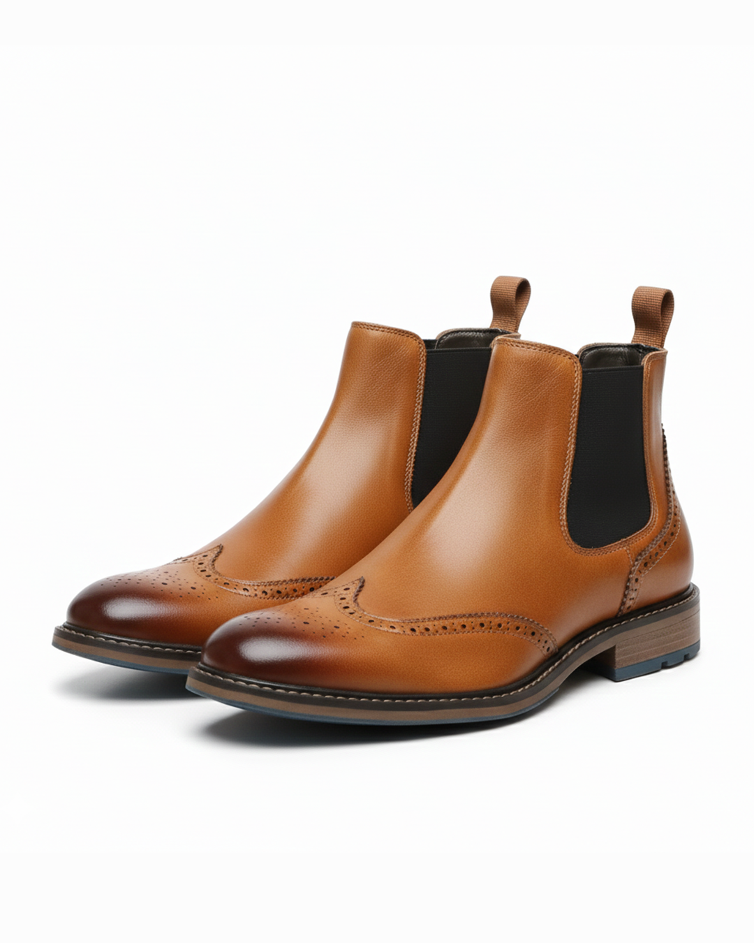 Men's classic wingtip brogue dress boots in rich brown leather-like material, perfect for fall fashion.