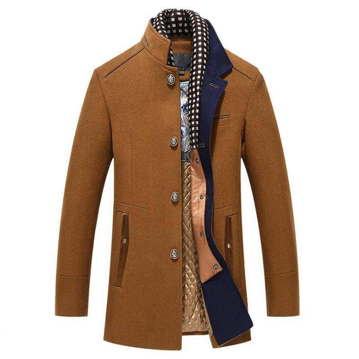 Comfortable men's wool cashmere blend coat with a detachable scarf, suitable for cold weather.
