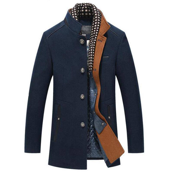 Premium men's winter fashion: detachable scarf coat, crafted from wool and cashmere blend.