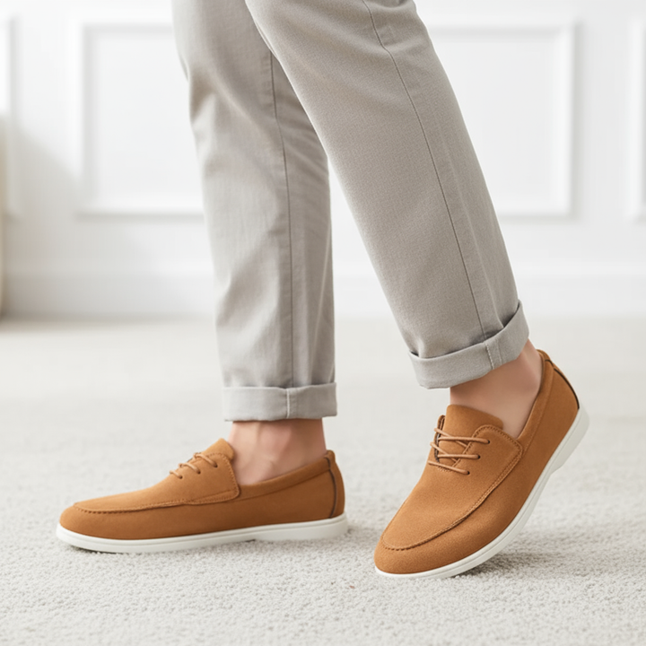 Close-up of Men's Cloud Comfort Suede Loafers, showing soft suede texture and stitching