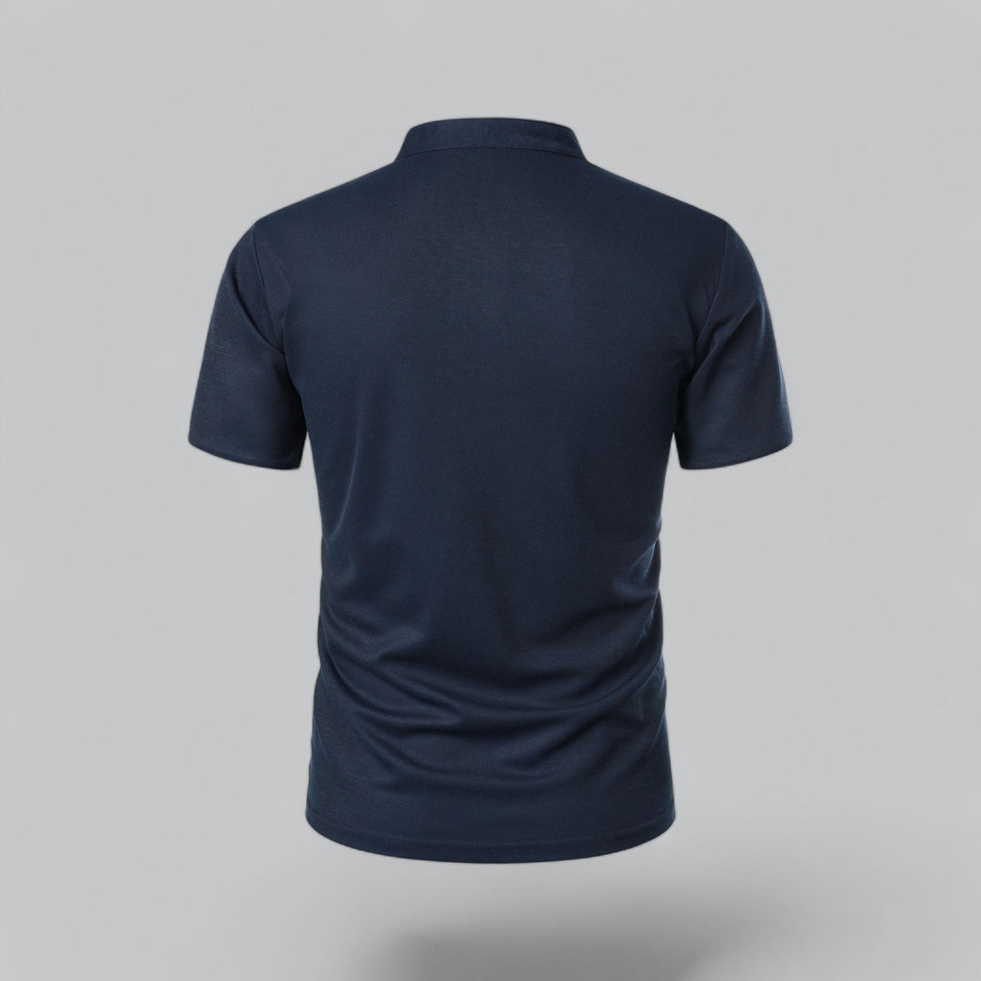 Close-up of men's collarless polo fabric, highlighting quality, soft texture & comfort. Modern fit shirt.