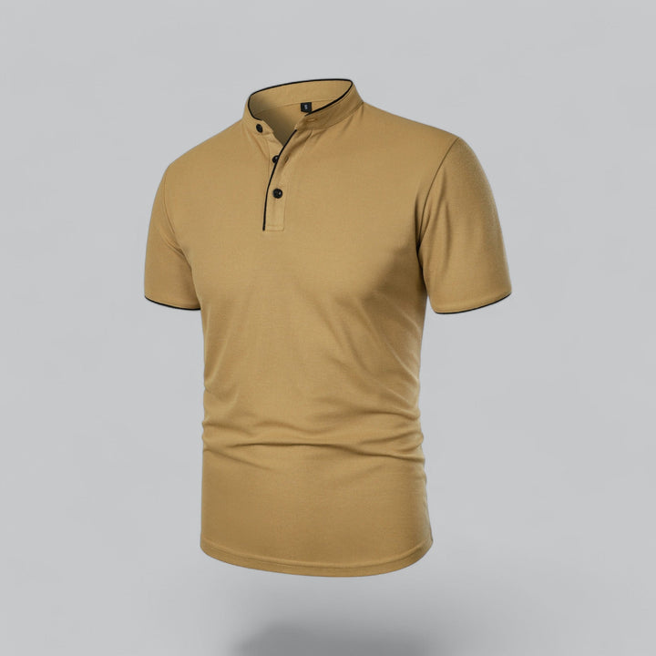 Comfortable men's collarless polo shirt, modern fit, soft fabric, ideal for daily wear & smart casual.