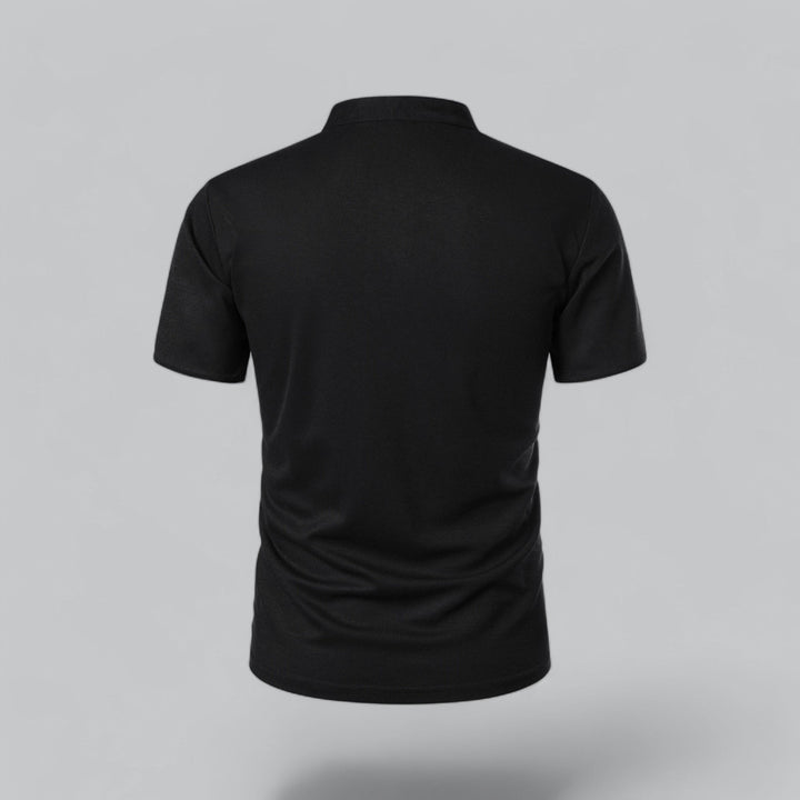 Folded men's collarless polo shirt, short sleeve, ready for easy everyday casual wear.