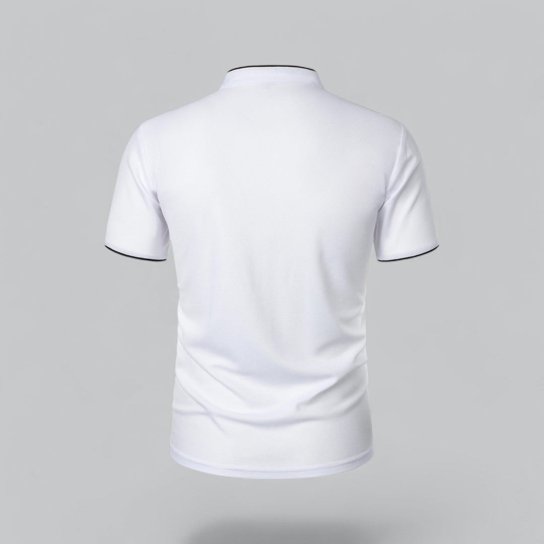 Men's comfortable collarless polo, short sleeve, walking in a park. Relaxed fit smart casual.