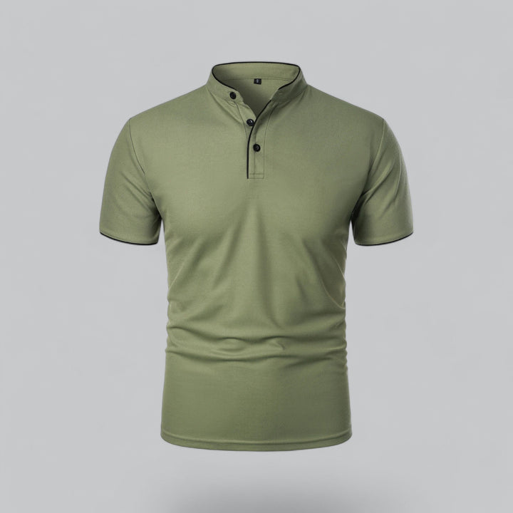 Men's stylish collarless polo top, relaxed fit, short sleeve, perfect for smart casual attire.