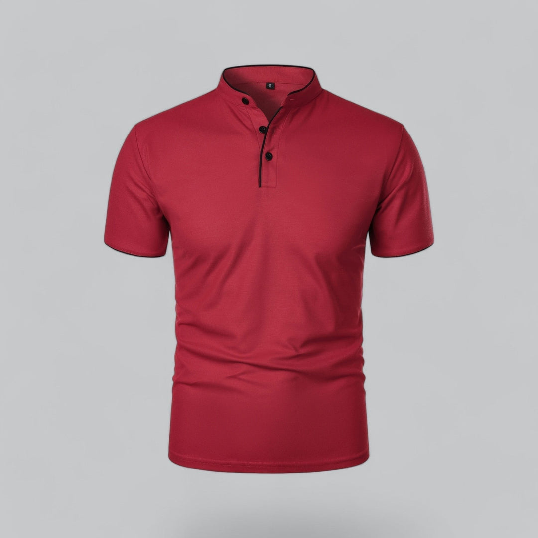 Versatile men's collarless polo shirt, short sleeve, essential for comfortable summer fashion.