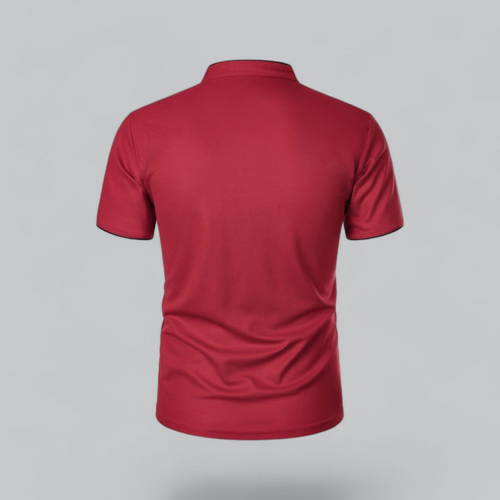 Men's relaxed fit collarless polo top, short sleeve, combining comfort and smart casual style.
