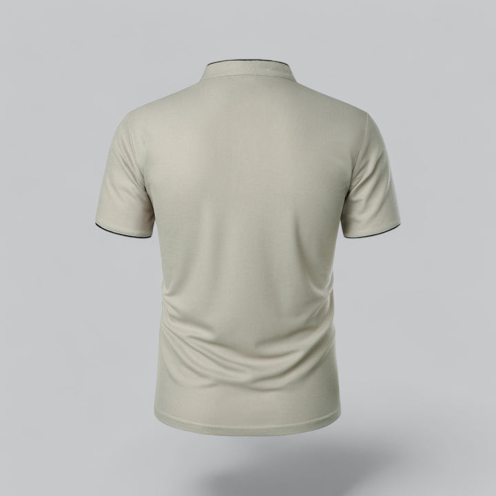 Soft fabric men's collarless polo top, short sleeve, perfect for smart casual summer outfits.