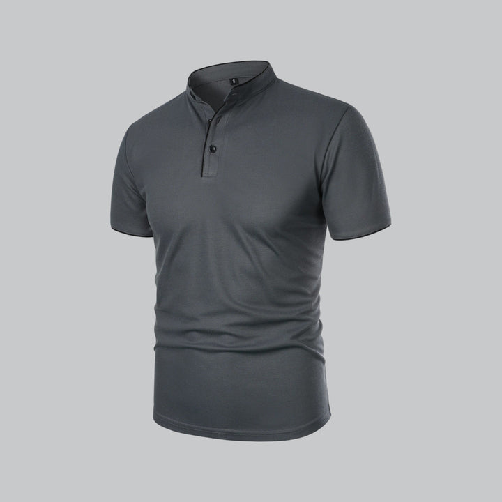 Close-up of the mandarin trim on a men's collarless polo shirt, short sleeve casual top.