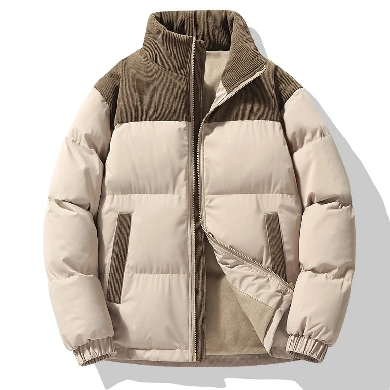 Men's color block quilted puffer jacket, modern style winter coat for warmth & casual wear
