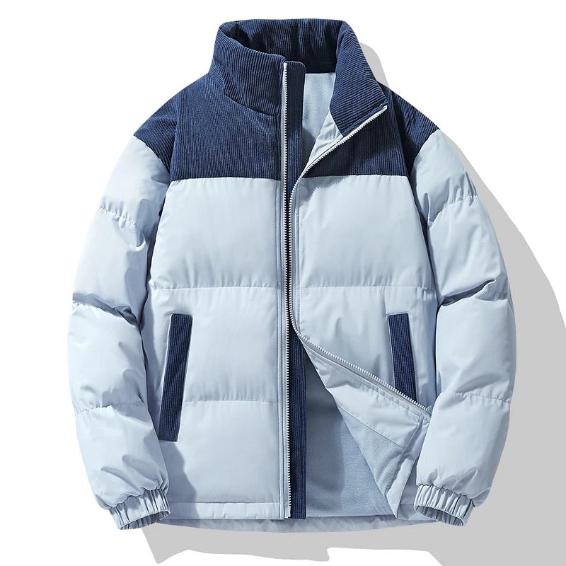 Stylish men's puffer jacket with color block design, quilted for extra warmth & bomber style