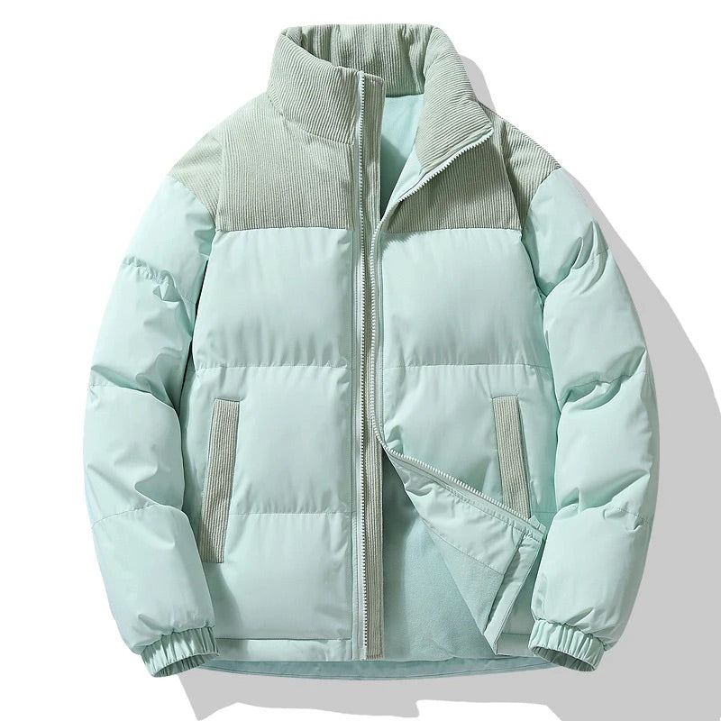 Warm men's color block puffer jacket, quilted bomber style for cold weather & everyday wear