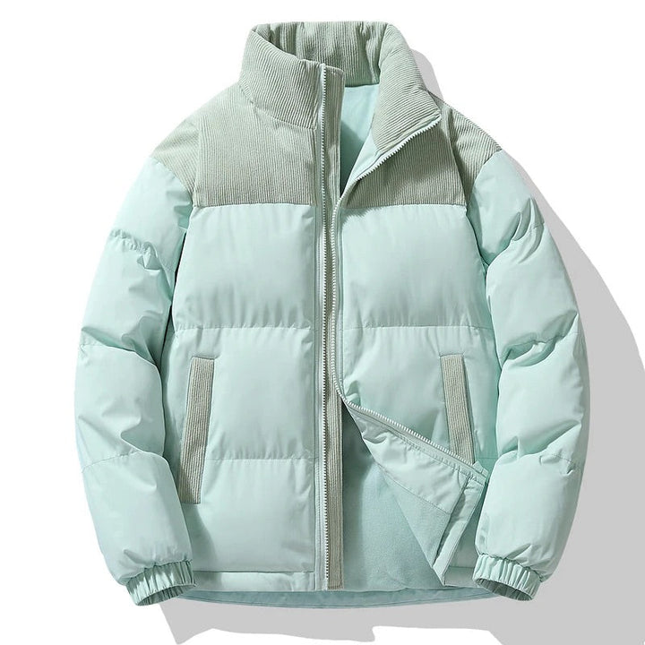 Warm men's color block puffer jacket, quilted bomber style for cold weather & everyday wear
