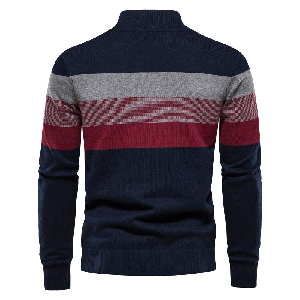 Men's half-zip pullover with contrasting colorblock panels, premium cotton blend comfort