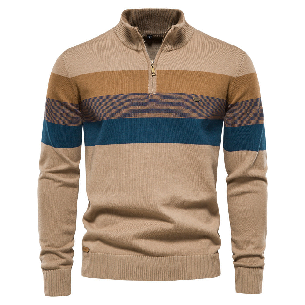 Men's colorblock half-zip sweater in a professional flat lay, highlighting details