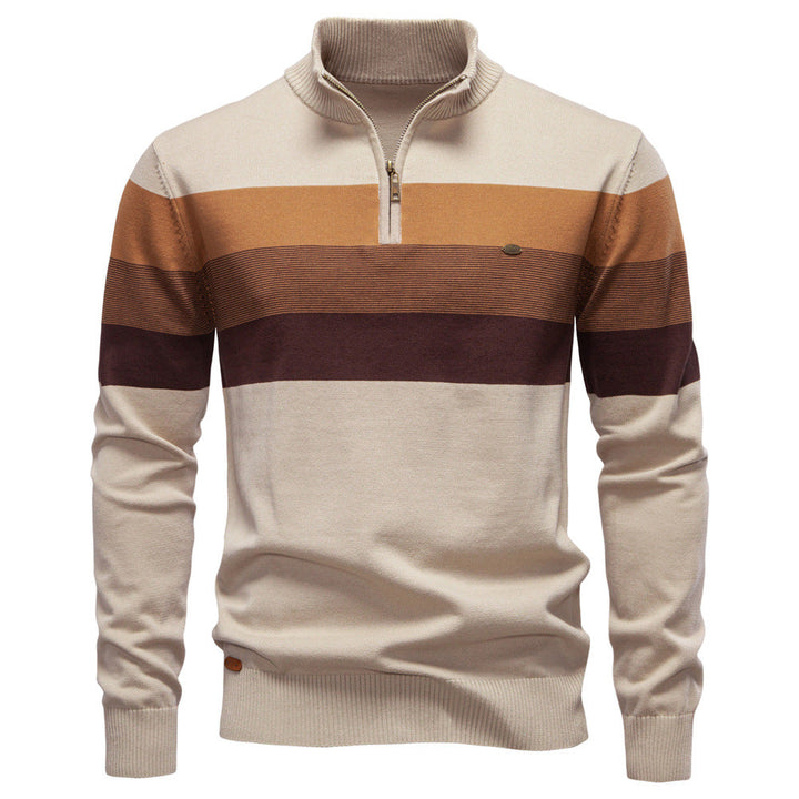 Back view of men's striped colorblock half-zip sweater, relaxed fit, autumn fashion