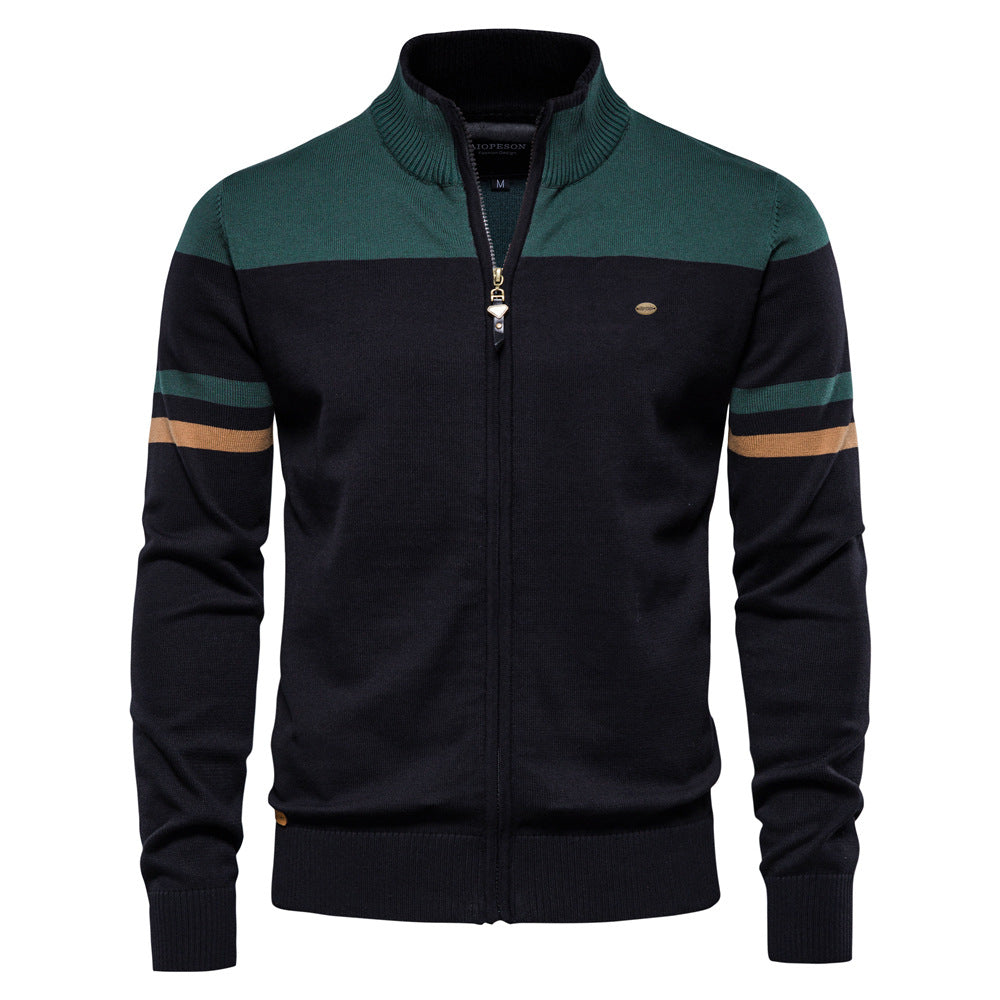 Close-up of the cuffs and hem of a men's knit colorblock zip-up cardigan, durable and soft.
