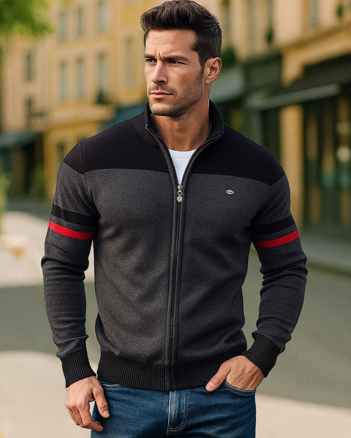 Back view of men's casual colorblock zip-up cardigan sweater, knit fabric, perfect for layering.