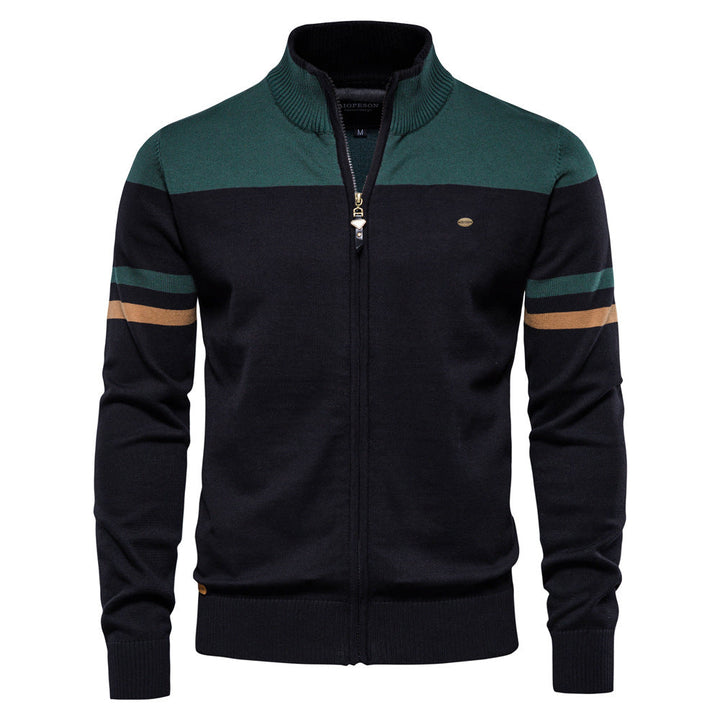 Stylish men's knit zip-up cardigan in a modern colorblock design, long sleeve, for everyday wear.