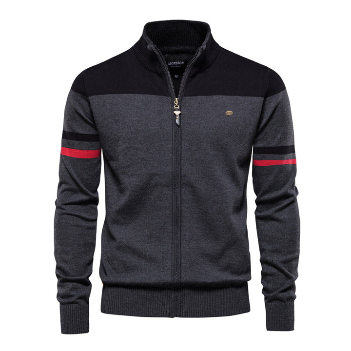Men's lightweight colorblock zip-up sweater, knit construction, perfect for cool casual days.