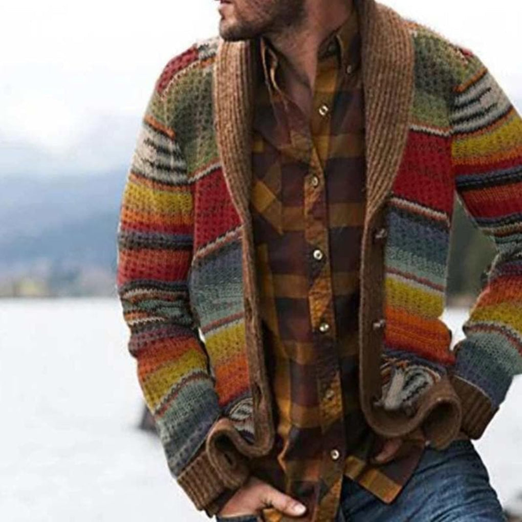 Comfortable men's colorful striped cardigan. Relaxed fit, open-front design, versatile for fall & spring layering.