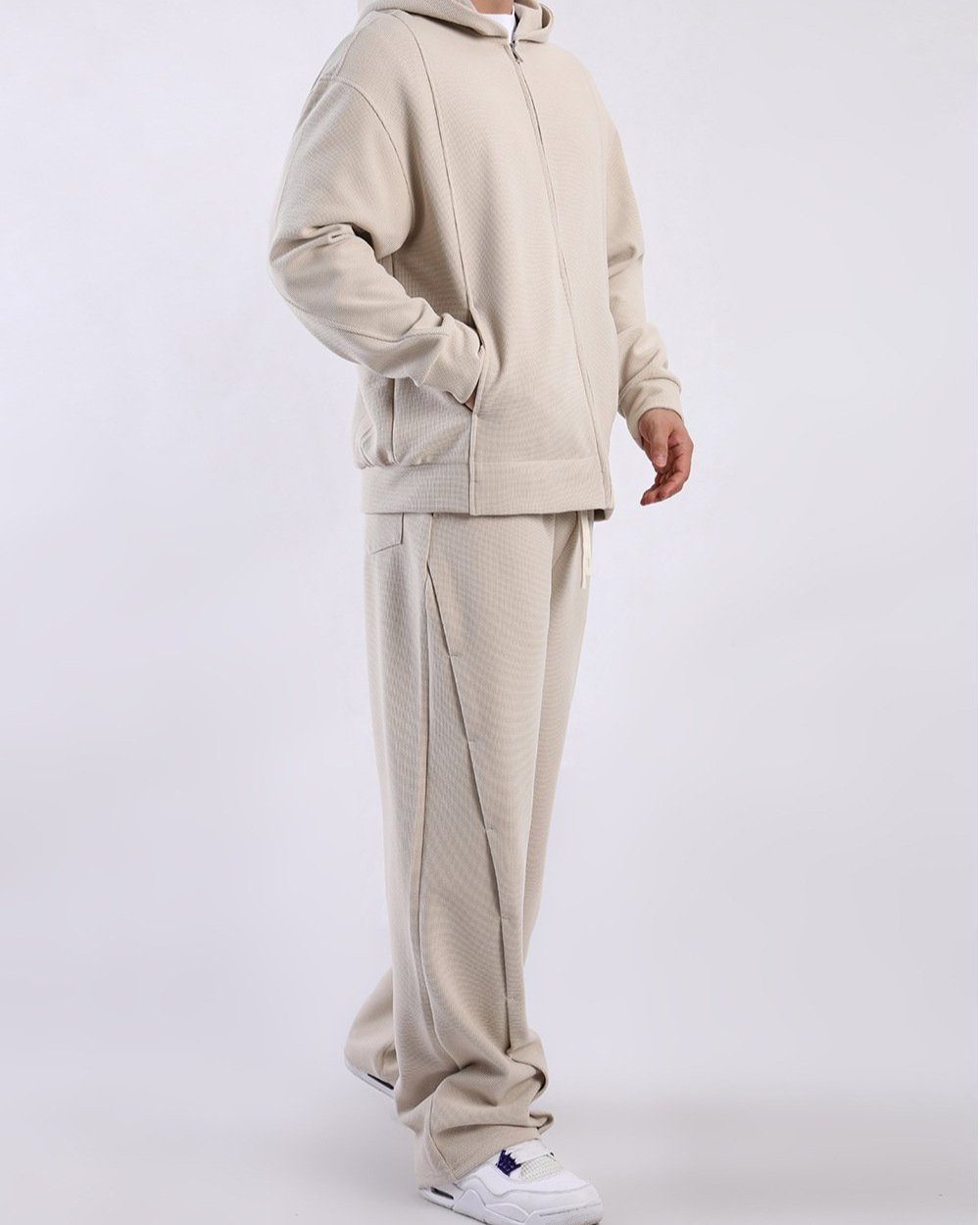 Close-up of men's waffle knit sweatpants texture, cotton blend comfort pants