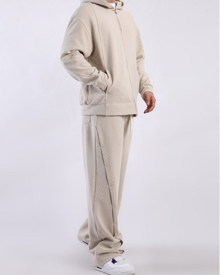 Close-up of men's waffle knit sweatpants texture, cotton blend comfort pants