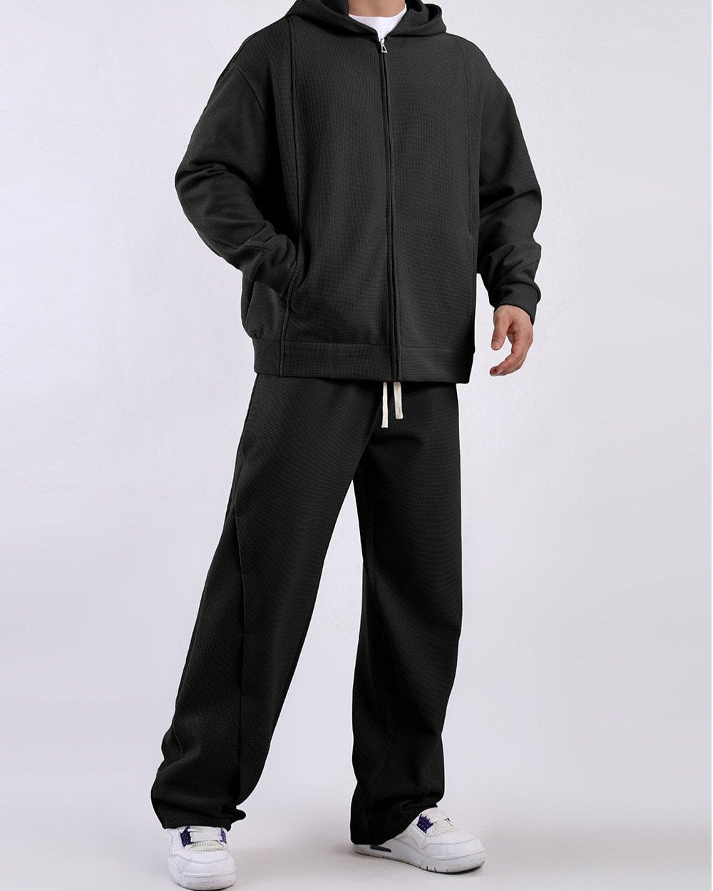 Man wearing straight leg waffle knit joggers, ideal for casual and activewear