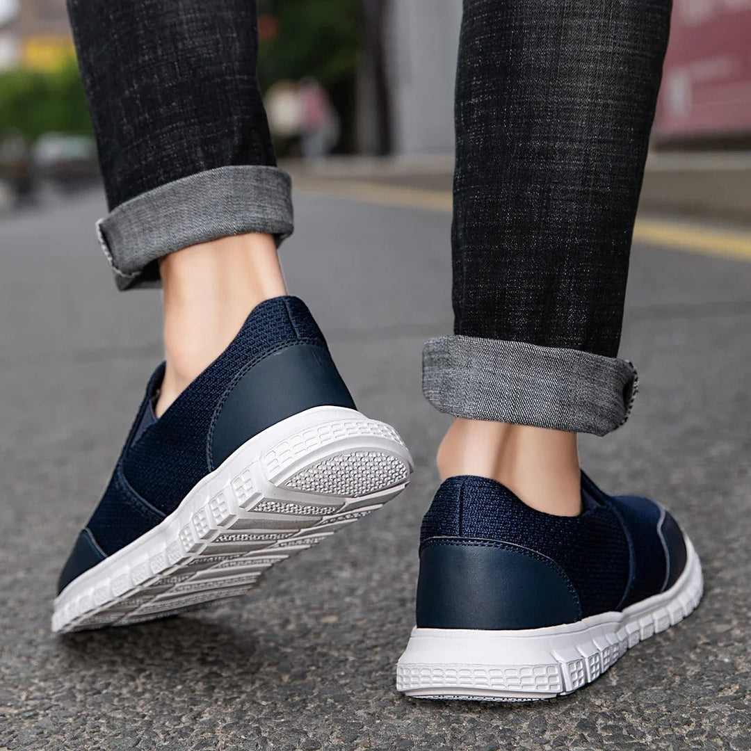 Comfortable men's casual knit slip-on loafers in a versatile khaki shade, great for walking.