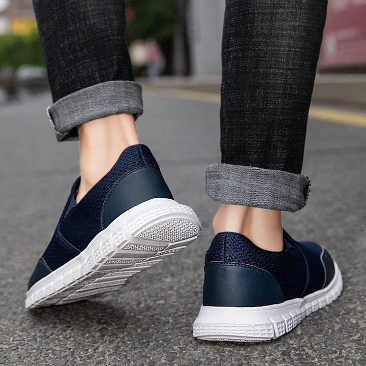 Comfortable men's casual knit slip-on loafers in a versatile khaki shade, great for walking.