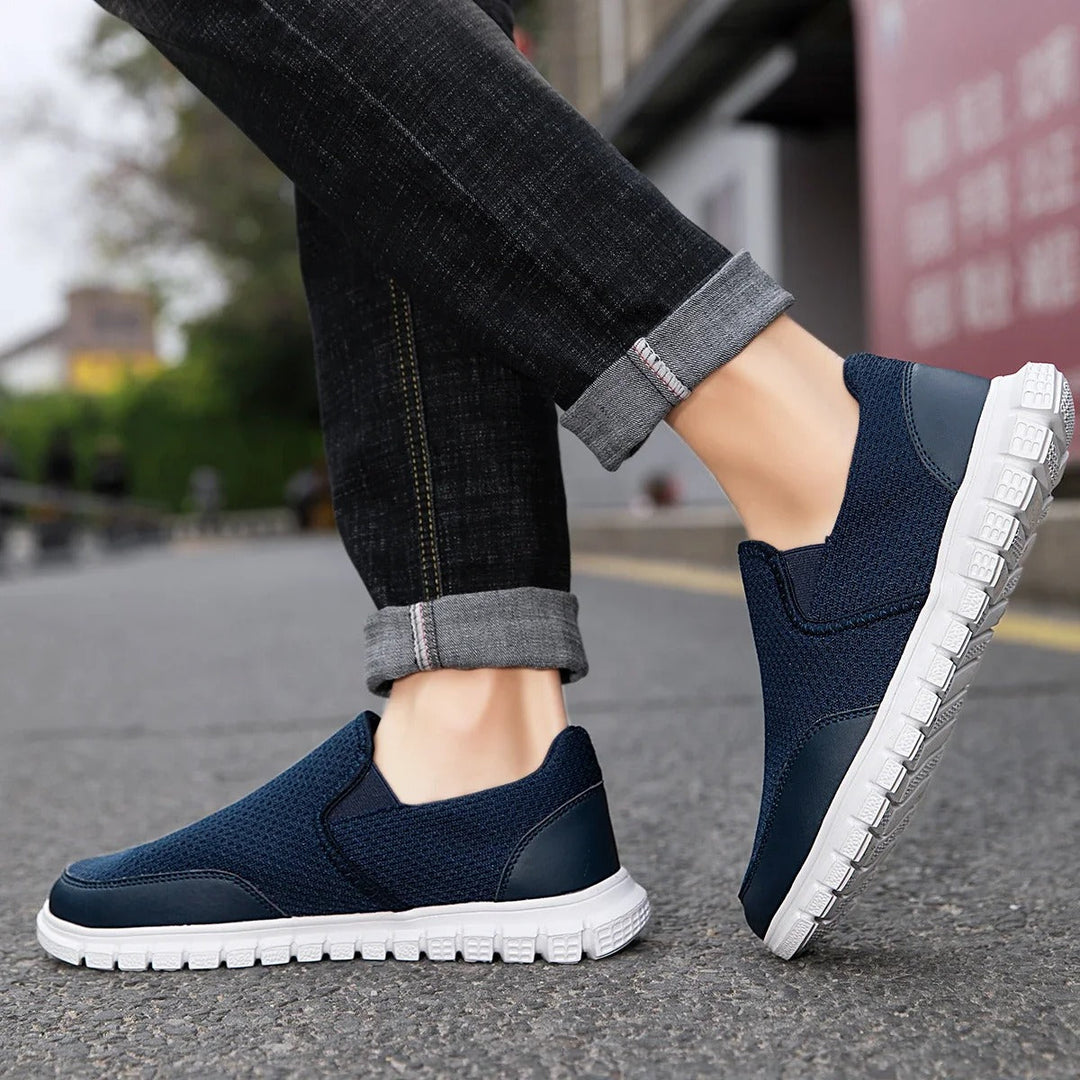 Khaki knit loafer for men, a comfortable and breathable slip-on walking shoe for daily wear.