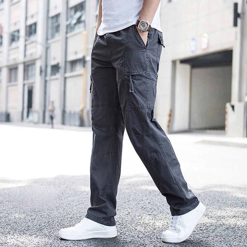 Navy men's casual stretch cargo pants with utility pockets, great for comfort and practical everyday style.