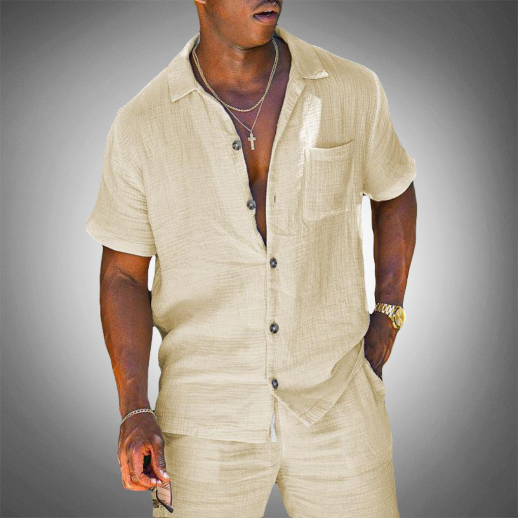 Men's breathable white knitted two-piece summer set. Relaxed fit casual outfit for spring fashion or beach vacation.