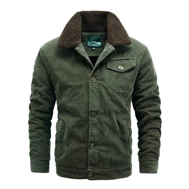 Casual men's winter jacket: brown corduroy exterior, cozy sherpa interior, front buttons.