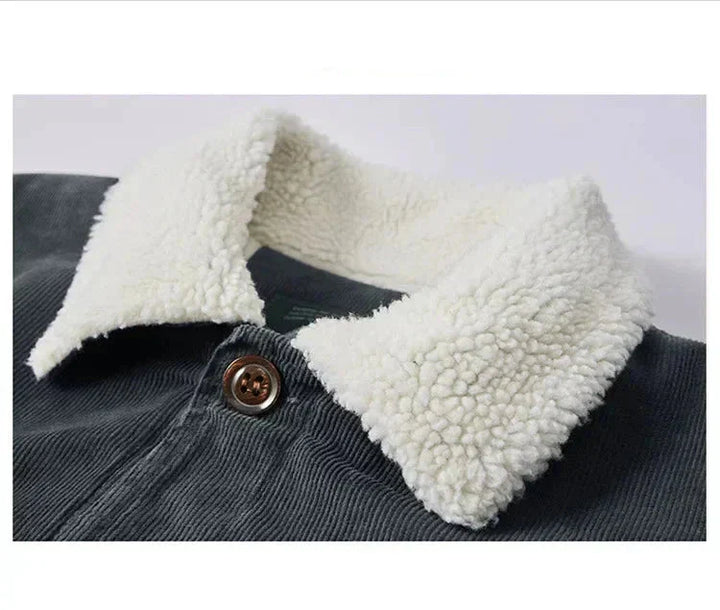 Men's outerwear: rugged corduroy jacket with thick sherpa lining, ideal for cooler days.