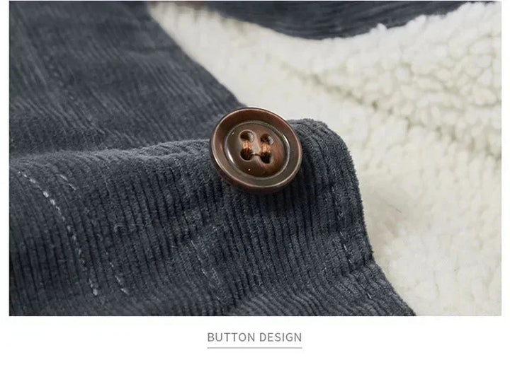 Close-up of men's corduroy sherpa-lined jacket showing texture and button details.