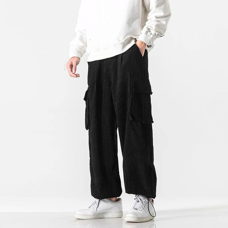 Detail shot of the corduroy fabric on men's wide-leg casual pants, suitable for winter