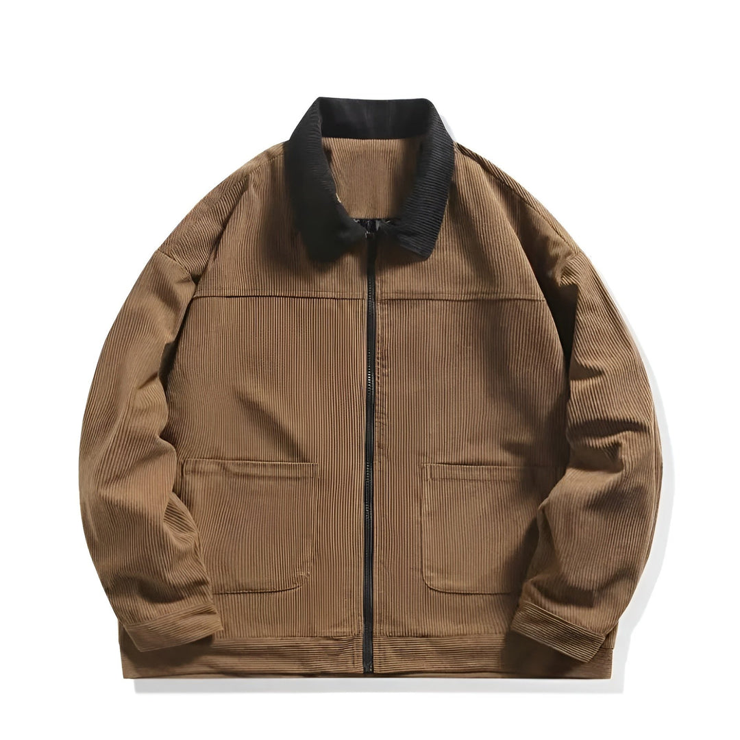 Men's corduroy zip jacket in a rich brown color, perfect for casual fall fashion and outerwear.