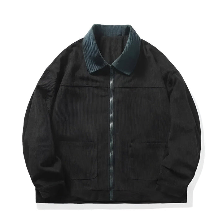 Front view of a men's collared corduroy jacket, showcasing its zip-front design and textured look.