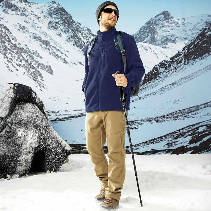 Classic men's black fleece zip-up jacket, a staple for cold weather
