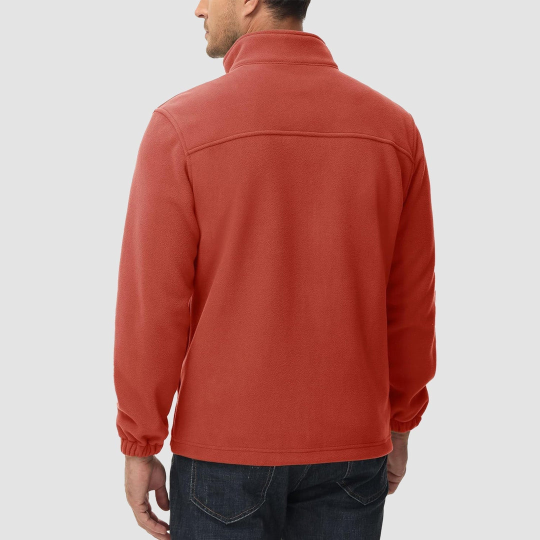 Vibrant men's red fleece zip-up jacket, adds warmth to any outfit
