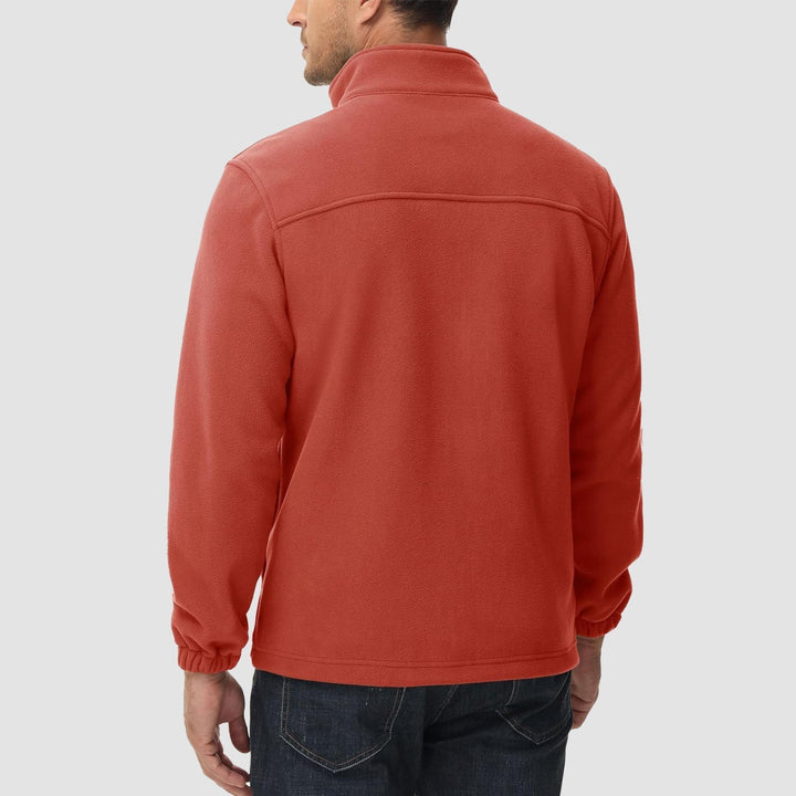 Vibrant men's red fleece zip-up jacket, adds warmth to any outfit