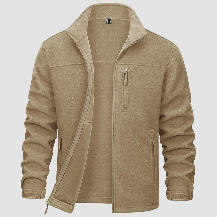 Warm men's navy fleece zip-up jacket, perfect for outdoor layering