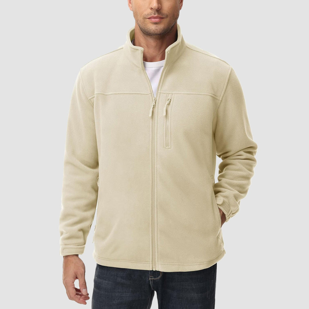 Rugged men's green fleece zip-up jacket, designed for outdoor comfort